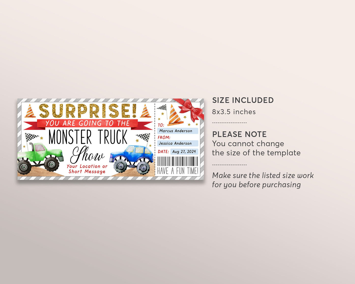 Surprise Monster Truck Show Ticket Editable Template, Monster Truck Event Experience Gift Certificate Voucher Coupon For Husband Dad Kids