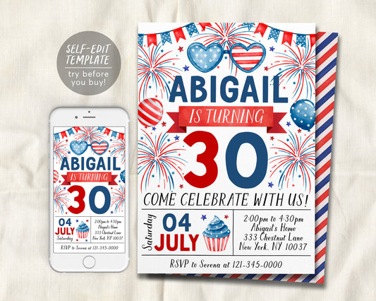 4th of July Birthday Invitation Editable Template