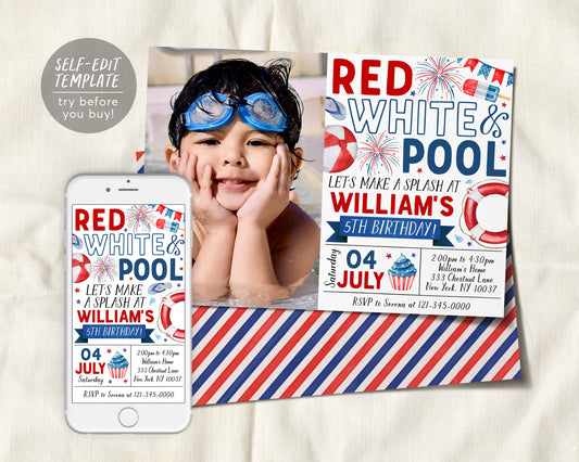 4th of July Birthday Invitation With Photo Editable Template