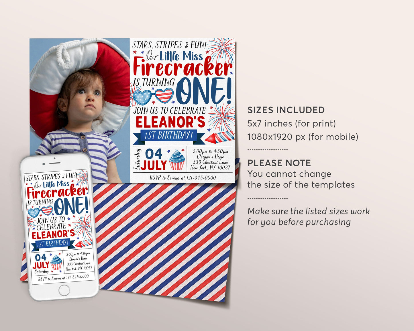 4th of July 1st Birthday Invitation With Photo Editable Template, Little Miss Firecracker Birthday Patriotic Party Invite, Red White Blue