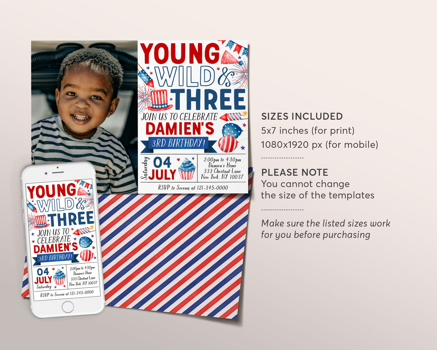 4th of July 3rd Birthday Invitation With Photo Editable Template, Young Wild and Three Third Birthday Patriotic Party BBQ Invite Evite