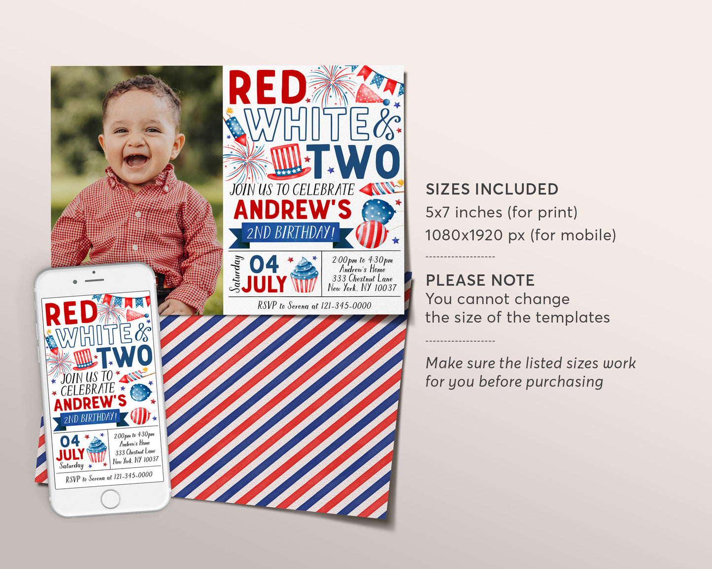 4th of July 2nd Birthday Invitation With Photo Editable Template, Red White and Two Second Birthday Patriotic Party BBQ Invite Evite