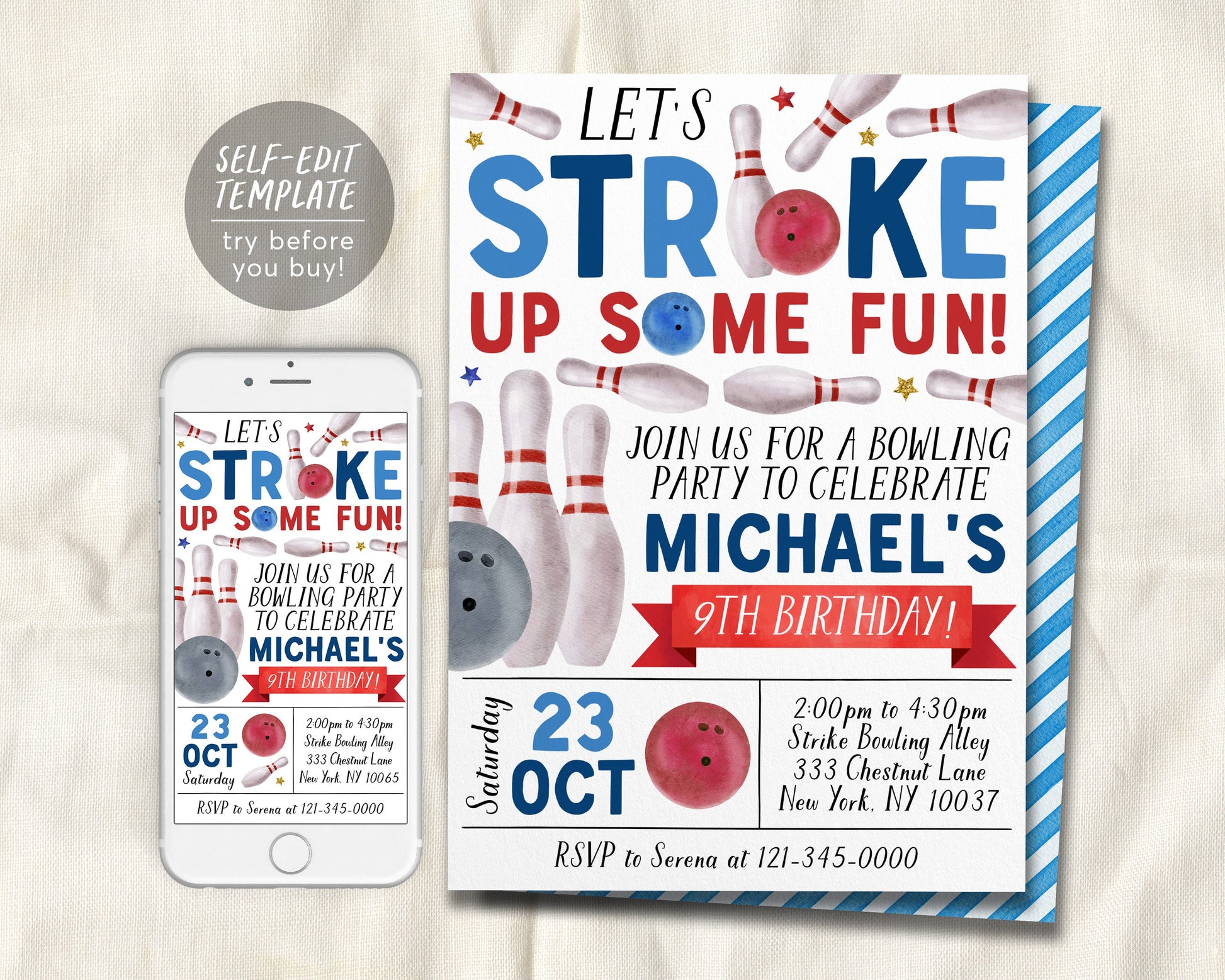 Bowling Birthday Invitation Editable Template