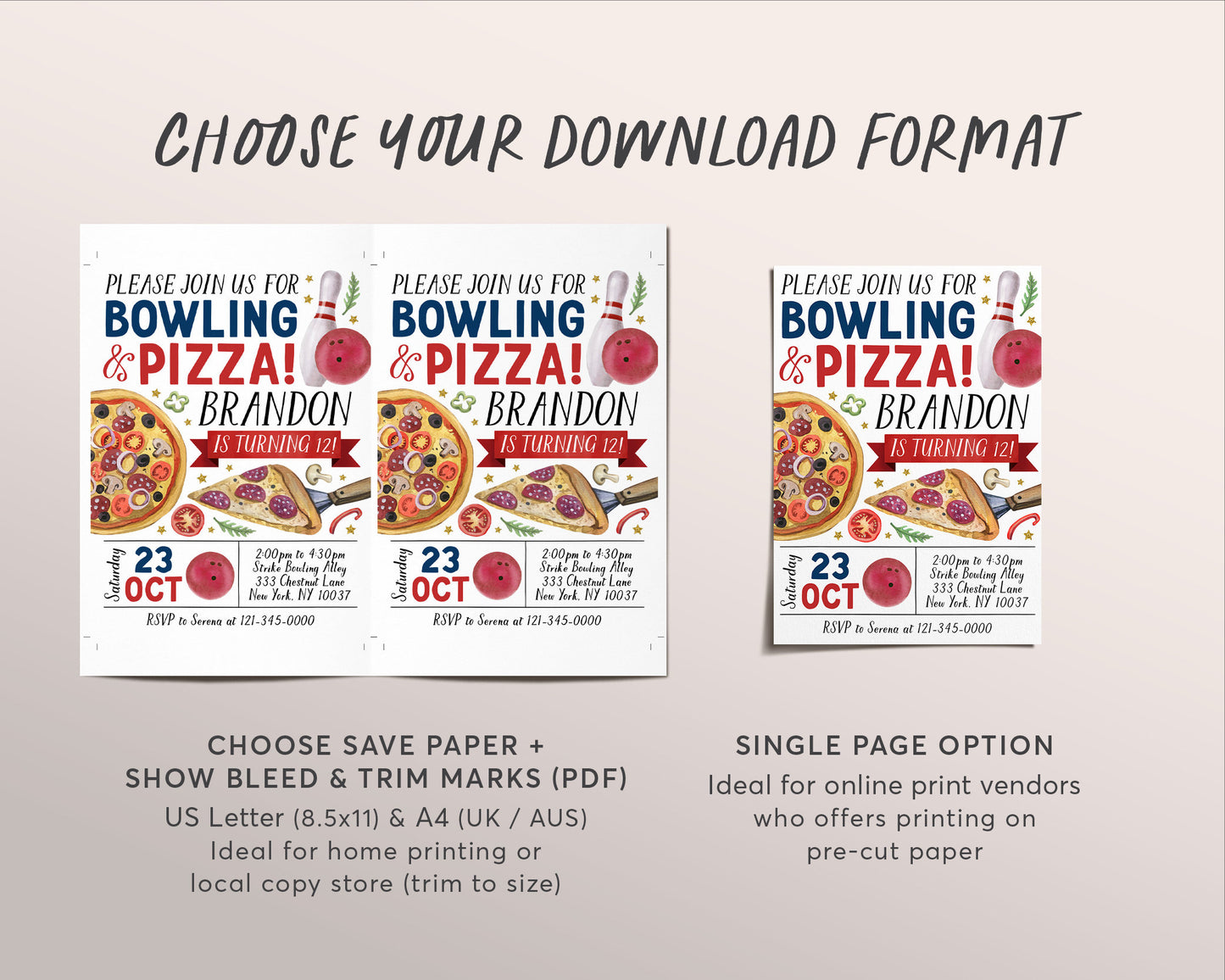 Bowling And Pizza Birthday Invitation Editable Template, Boy Strike Up A Slice Of Fun Party Invite, Kids Bowling Ball Pin Evite Printable