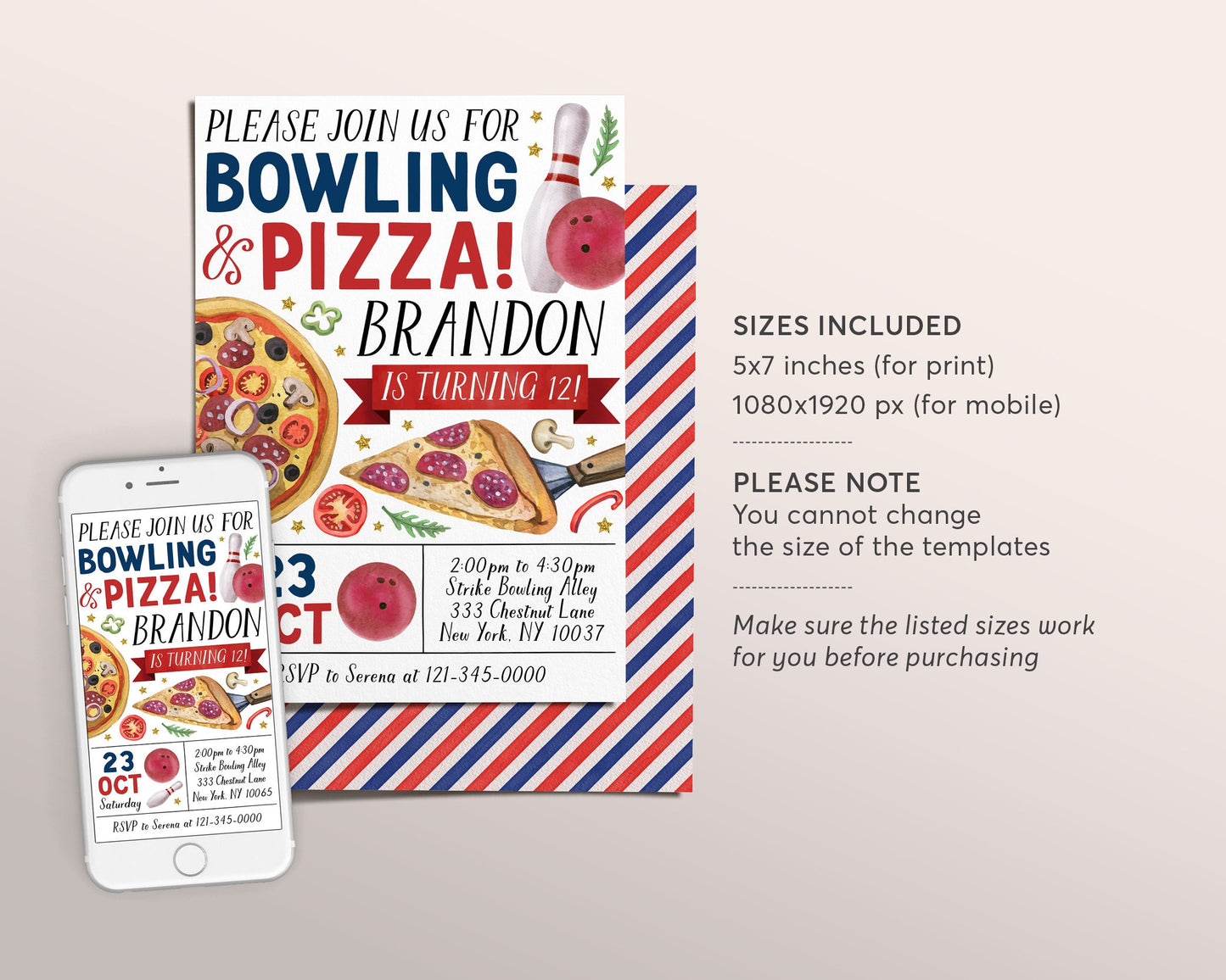 Bowling And Pizza Birthday Invitation Editable Template, Boy Strike Up A Slice Of Fun Party Invite, Kids Bowling Ball Pin Evite Printable