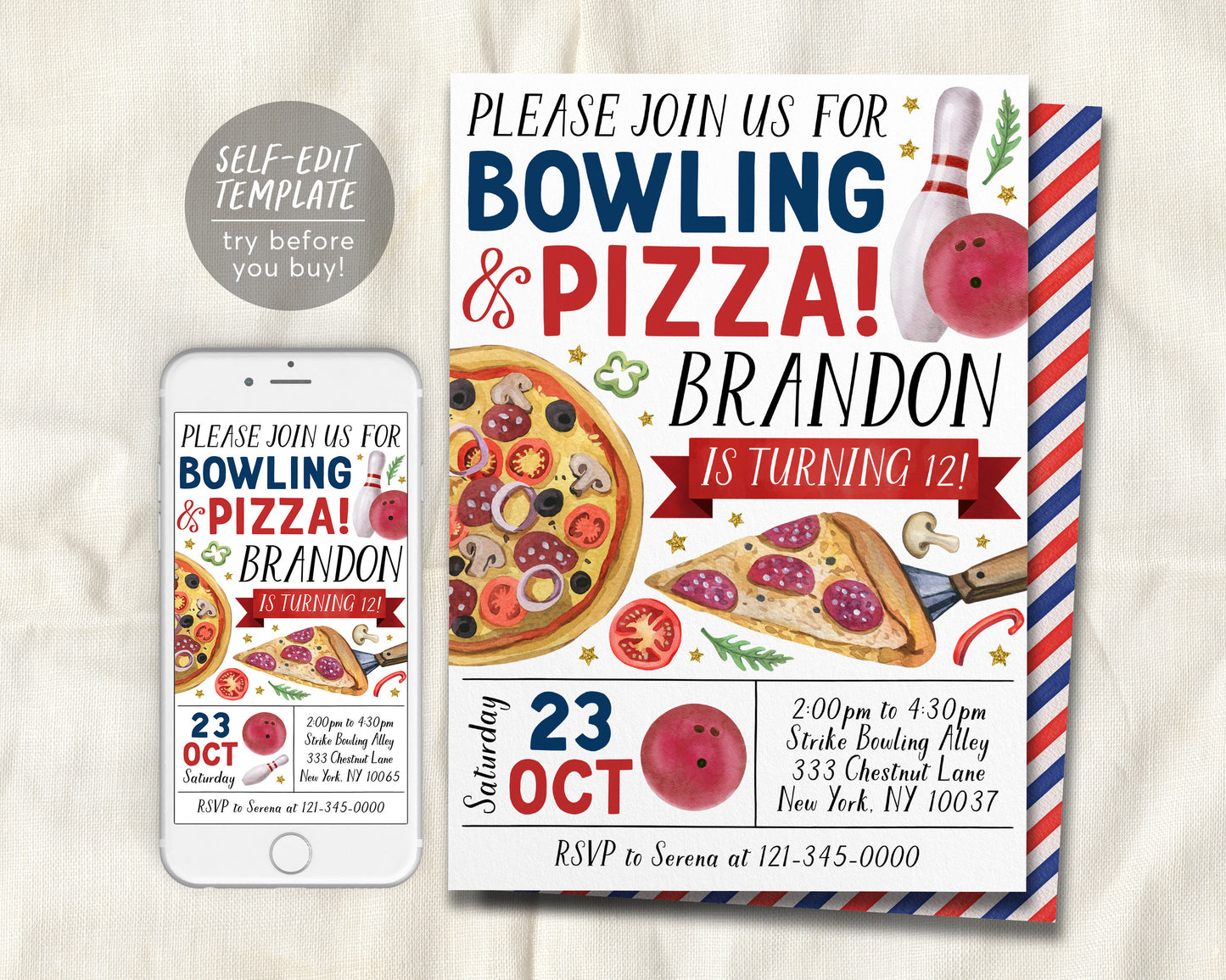 Bowling And Pizza Birthday Invitation Editable Template