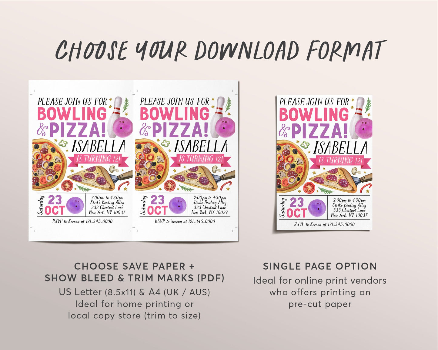 Bowling And Pizza Birthday Invitation Editable Template, Girl Strike Up A Slice Of Fun Party Invite, Kids Bowling Ball Pin Evite Printable