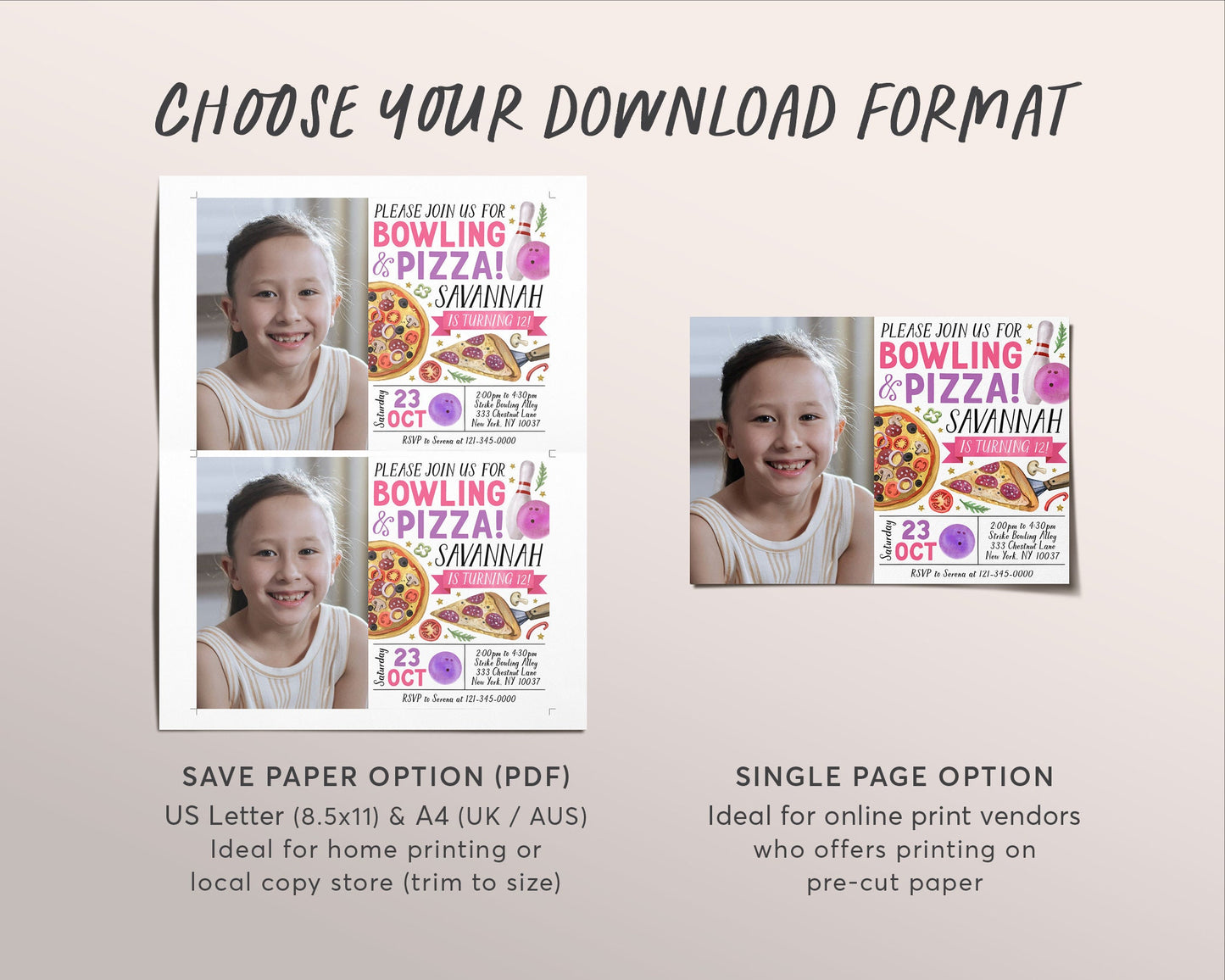 Bowling And Pizza Birthday With Photo Invitation Editable Template, Girl Strike Up A Slice Of Fun Party Invite, Kids Bowling Ball Pin Evite