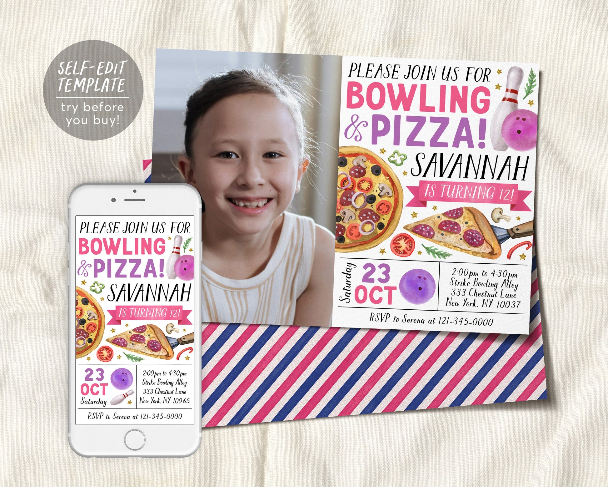 Bowling And Pizza Birthday With Photo Invitation Editable Template