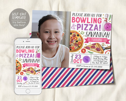 Bowling And Pizza Birthday With Photo Invitation Editable Template