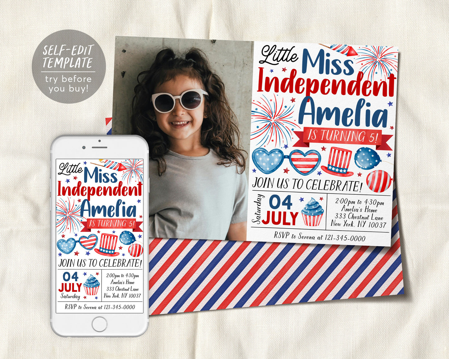 4th of July Birthday Invitation With Photo Editable Template