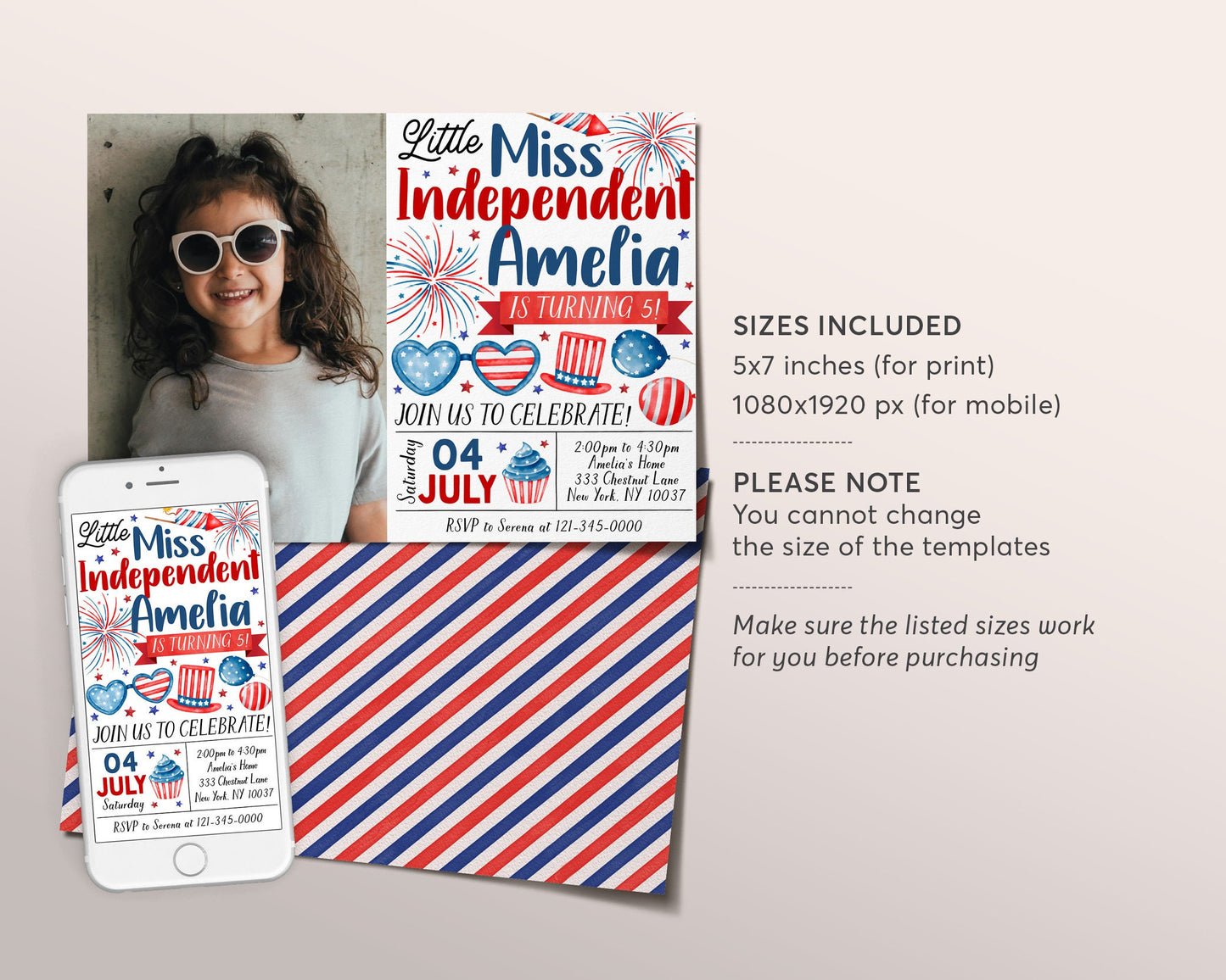 4th of July Birthday Invitation With Photo Editable Template, Little Miss Independent Patriotic Party Invite, Little Firecracker Evite