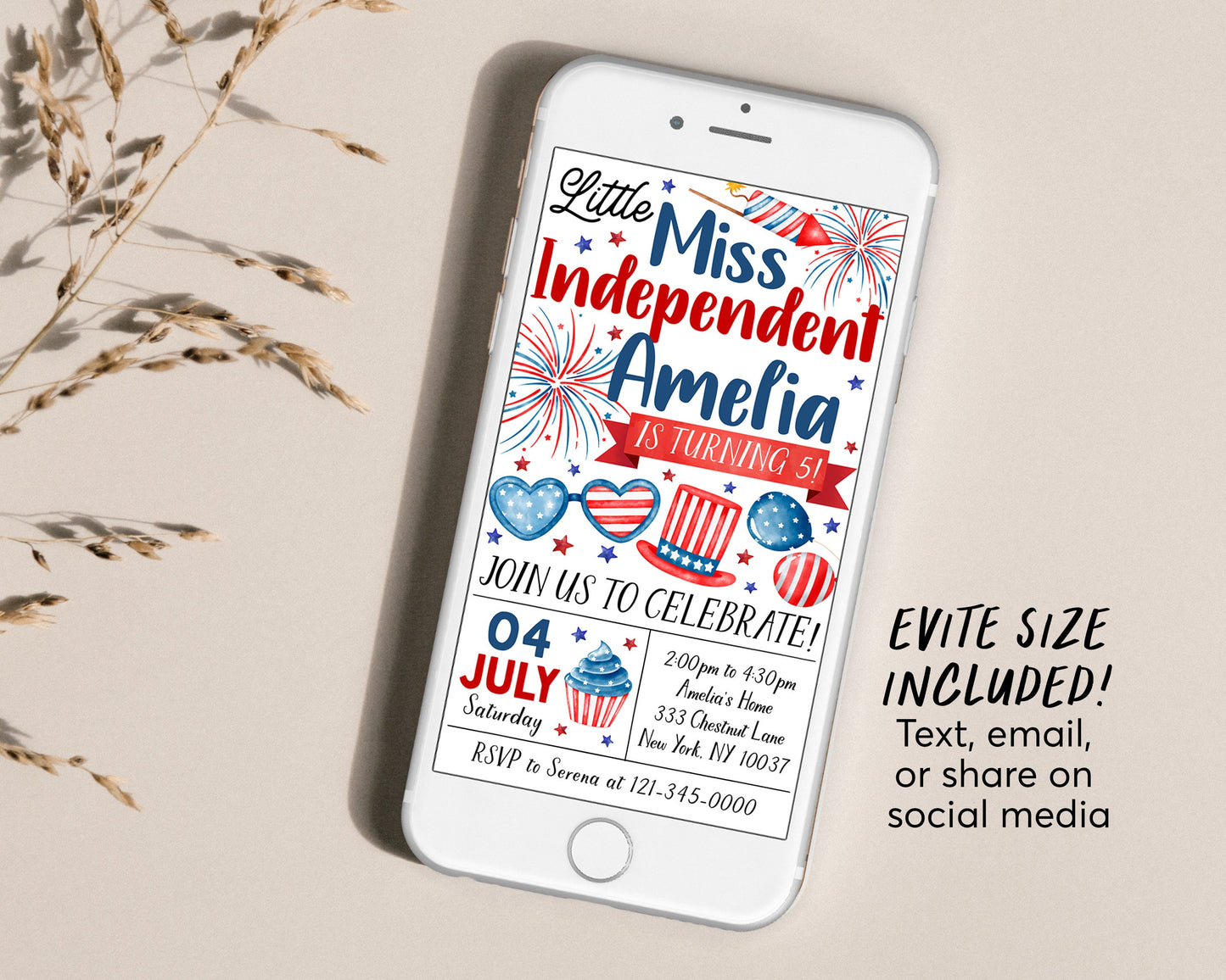 4th of July Birthday Invitation With Photo Editable Template, Little Miss Independent Patriotic Party Invite, Little Firecracker Evite