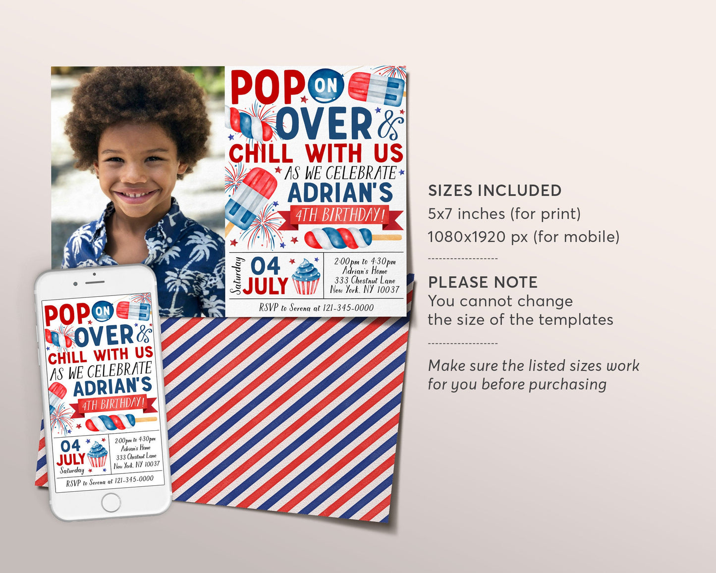 4th of July Birthday Invitation With Photo Editable Template, Popsicle Pop On Over Summer Patriotic Party Invite, Chill With Us Evite