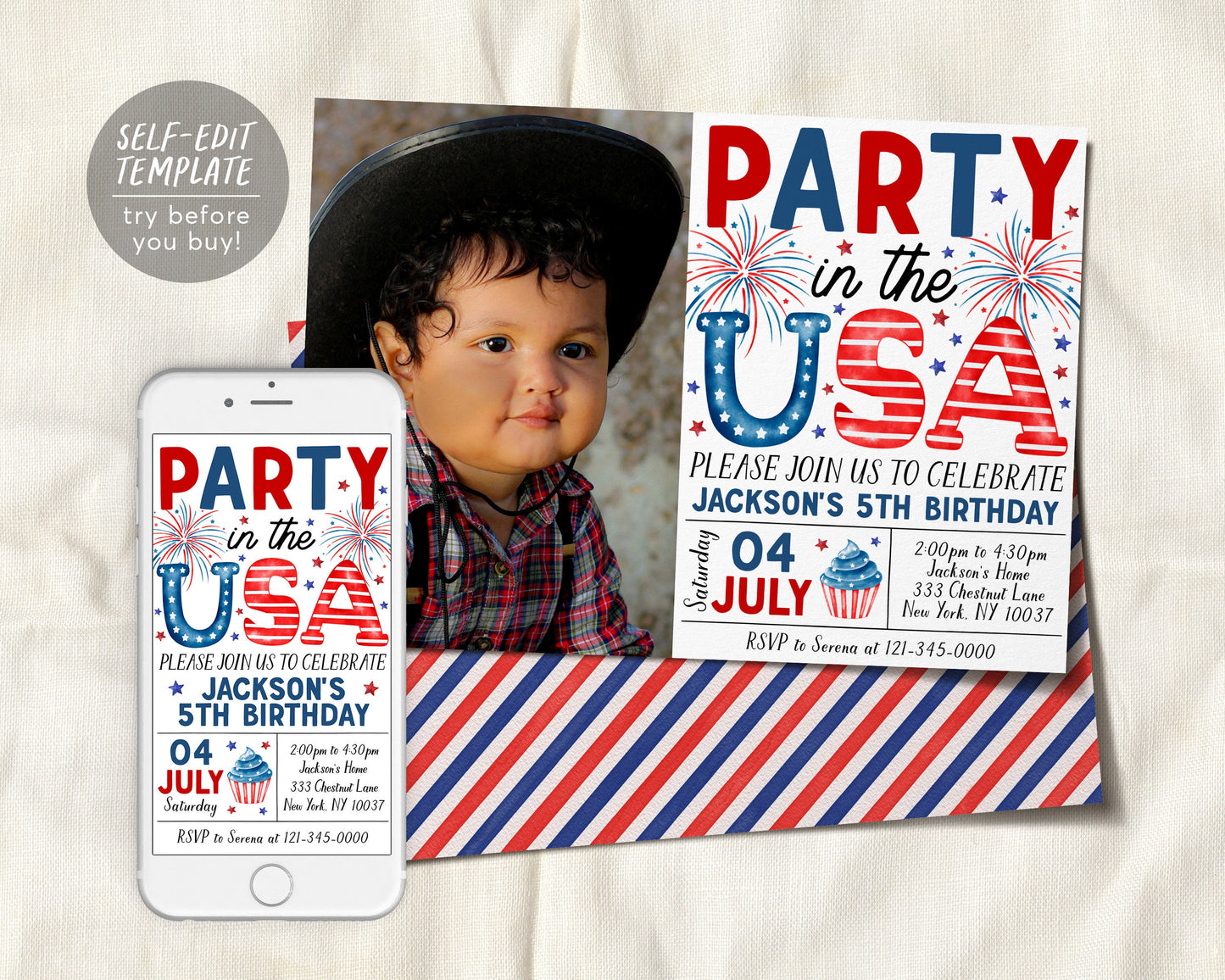 4th of July Birthday Invitation With Photo Editable Template