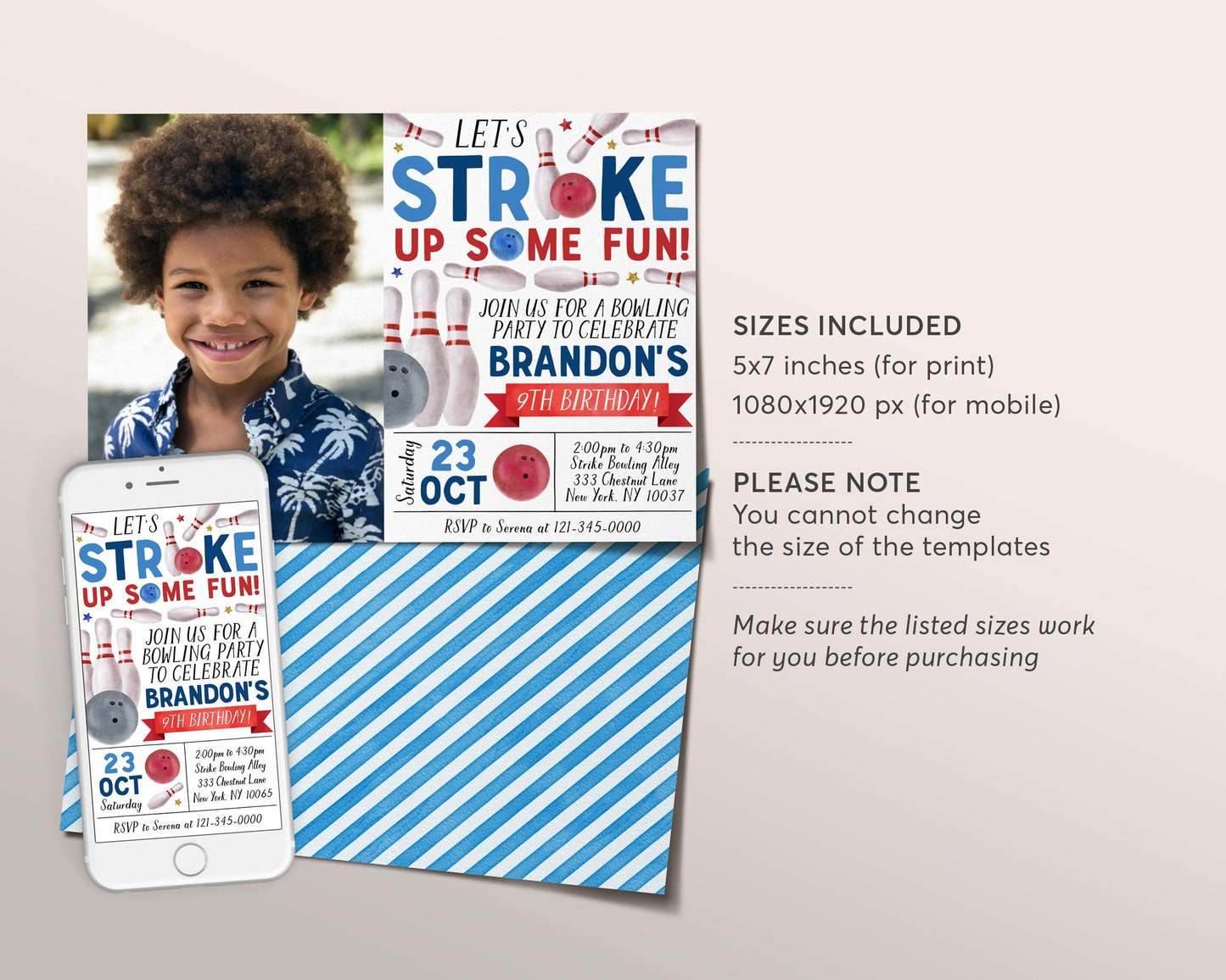 Bowling Birthday Invitation With Photo Editable Template, Boy Strike Up Some Fun Bowling Alley Party Invite, Kids Bowling Ball Pin Evite