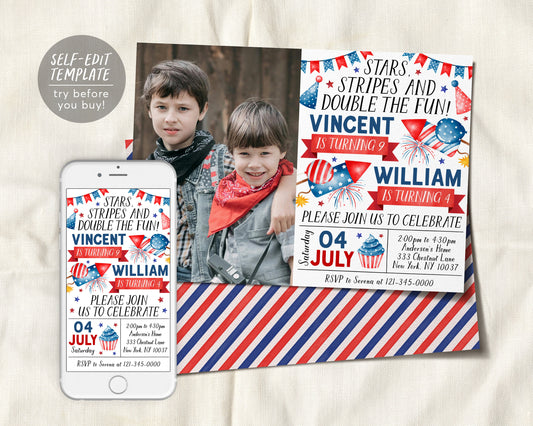 4th of July Joint Siblings Birthday Invitation With Photo Editable Template