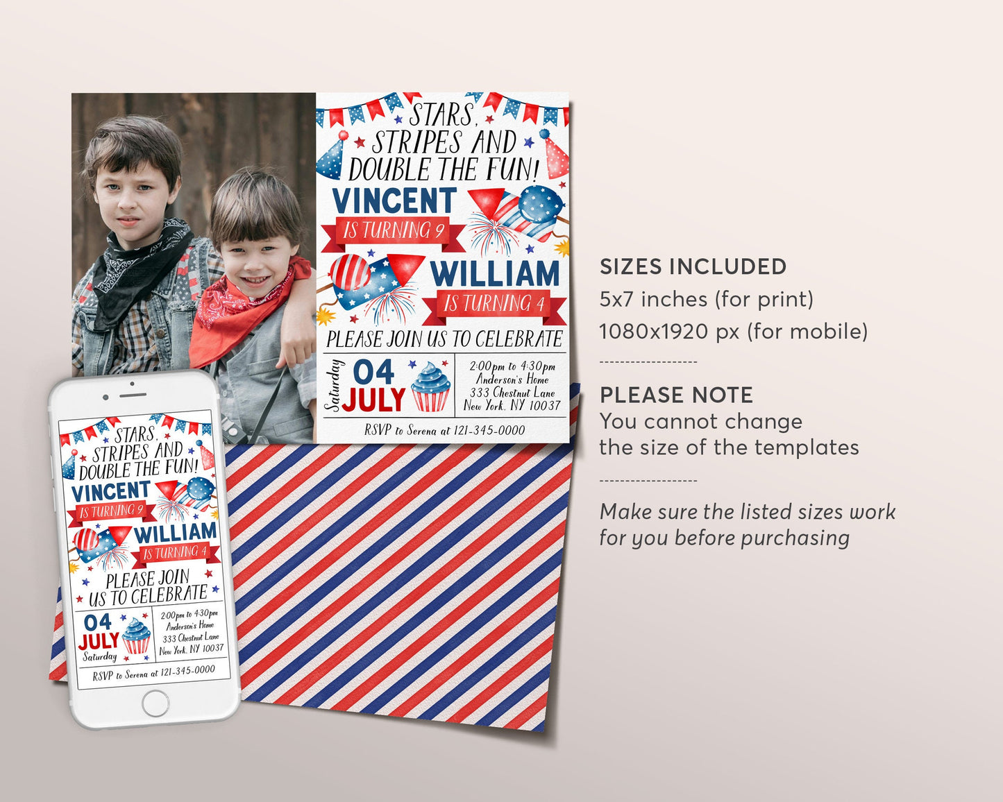 4th of July Joint Siblings Birthday Invitation With Photo Editable Template, Star Stripes And Fun Birthday Patriotic Party Invite Evite