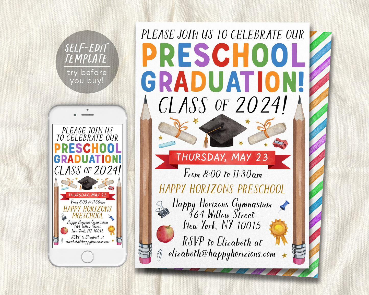 Preschool Graduation Ceremony BUNDLE Editable Template, Pre-K Kindergarten Class Graduation Certificate, Graduation Invitation Invite Evite