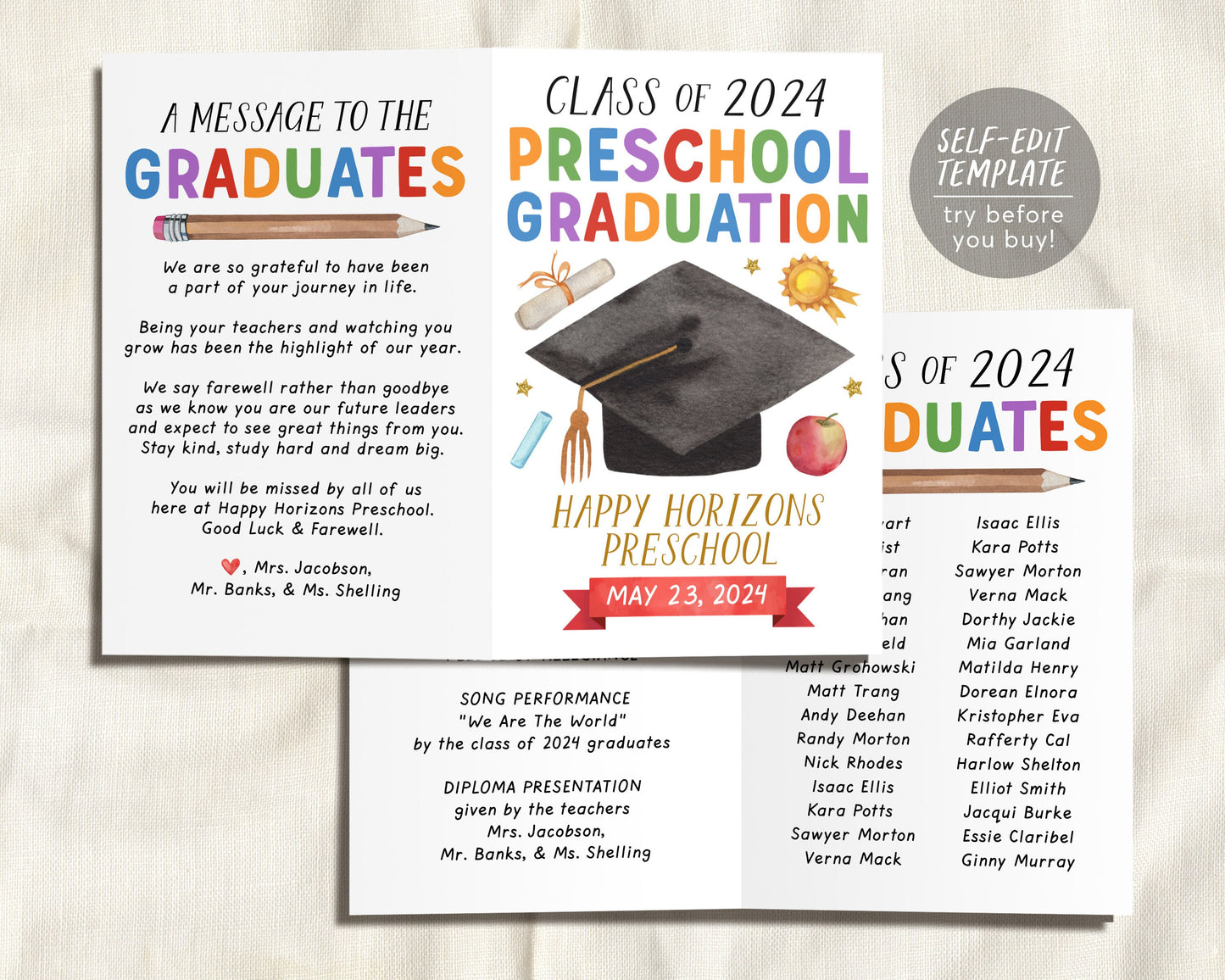 Preschool Graduation Ceremony BUNDLE Editable Template, Pre-K Kindergarten Class Graduation Certificate, Graduation Invitation Invite Evite