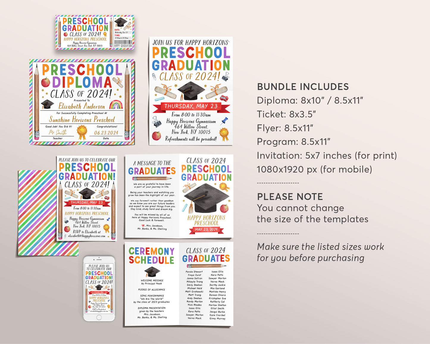 Preschool Graduation Ceremony BUNDLE Editable Template, Pre-K Kindergarten Class Graduation Certificate, Graduation Invitation Invite Evite