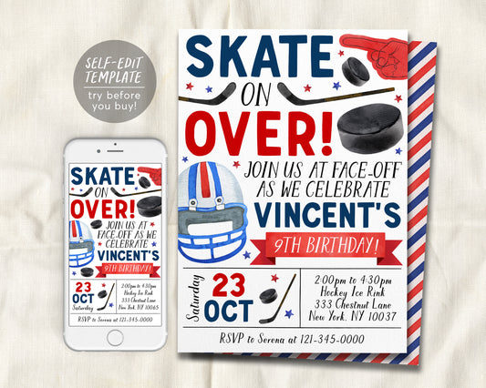 Ice Hockey Birthday Invitation Editable Template