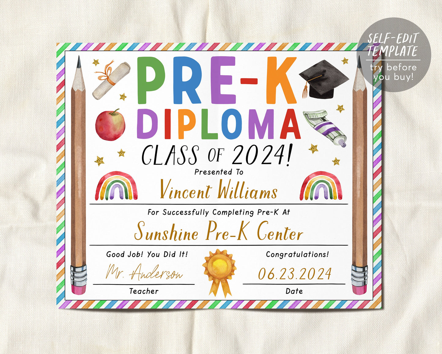 Pre-K Graduation Ceremony BUNDLE Editable Template, Preschool Kindergarten Class Graduation Certificate, Graduation Invitation Invite Evite