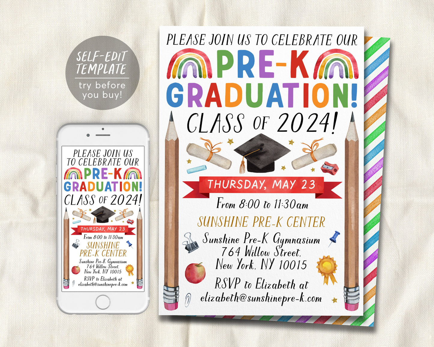 Pre-K Graduation Ceremony BUNDLE Editable Template, Preschool Kindergarten Class Graduation Certificate, Graduation Invitation Invite Evite