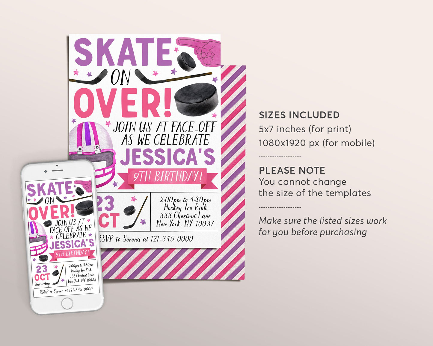 Ice Hockey Birthday Invitation Editable Template, Girl Ice Skating Hockey Invite, Kids Sports Theme Game Day All Stars Evite Printable