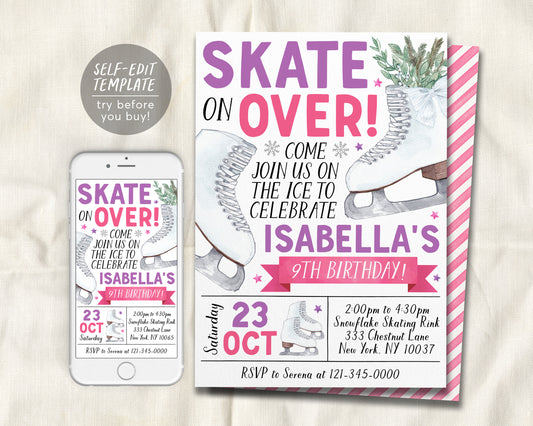 Ice Skating Birthday Invitation Editable Template