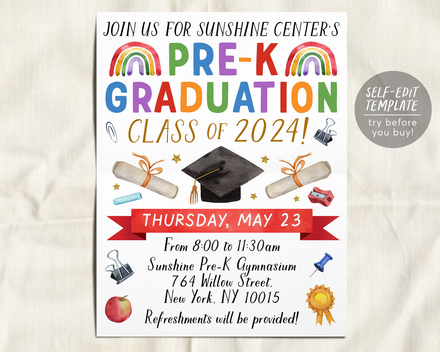 Pre-K Graduation Ceremony BUNDLE Editable Template, Preschool Kindergarten Class Graduation Certificate, Graduation Invitation Invite Evite