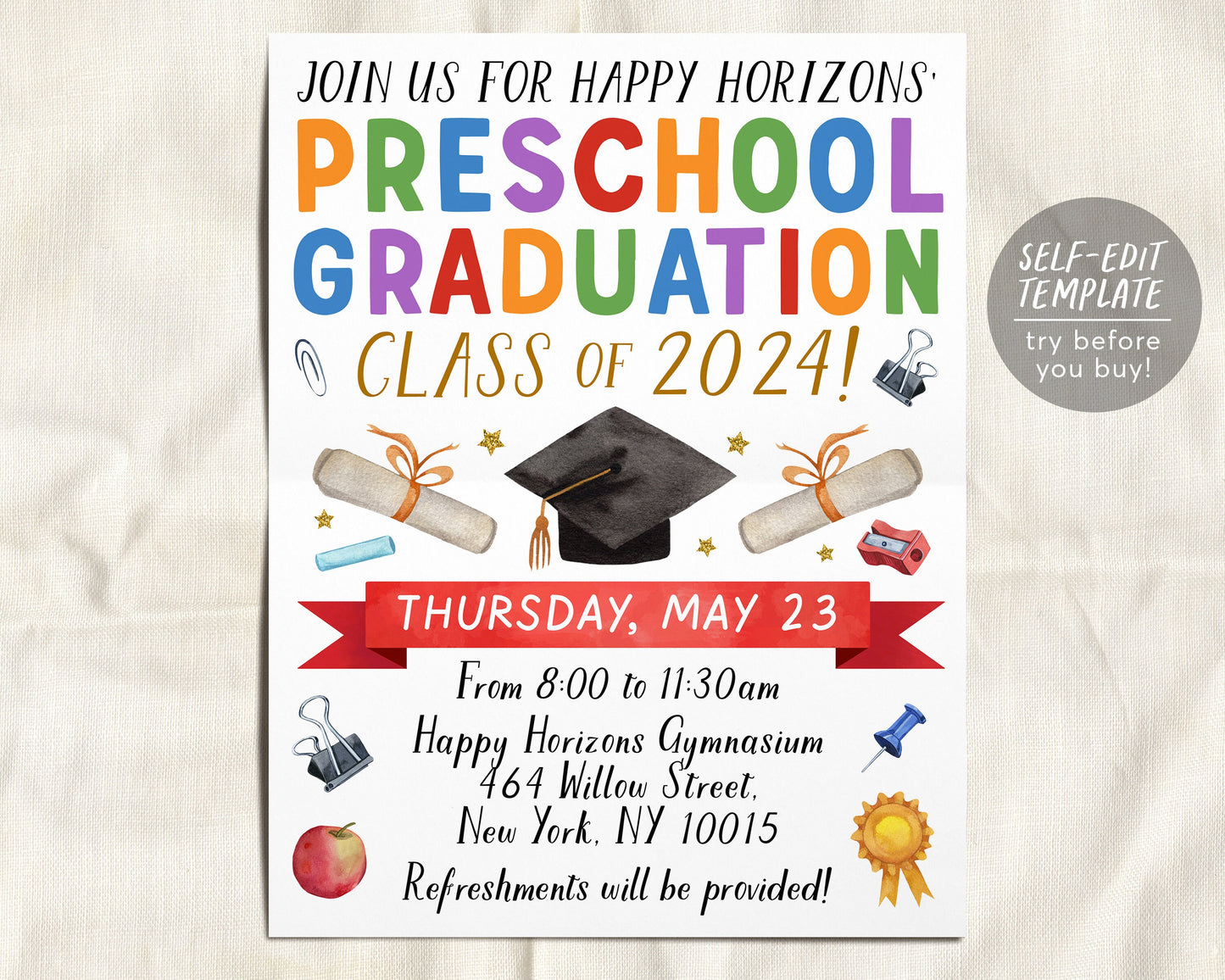 Preschool Graduation Ceremony BUNDLE Editable Template, Pre-K Kindergarten Class Graduation Certificate, Graduation Invitation Invite Evite