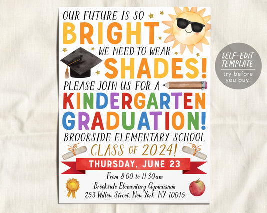 Kindergarten Graduation Invitation Flyer Editable Template, Preschool Class Graduation Announcement, Future is So Bright Ceremony Invite