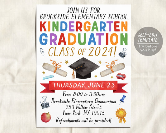 Kindergarten Graduation Invitation Flyer Editable Template