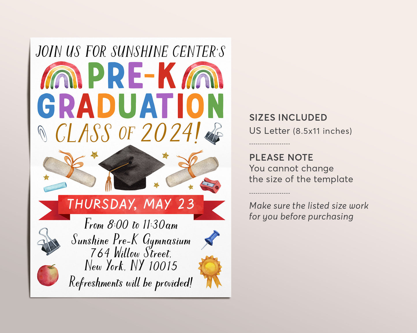 Pre-K Graduation Invitation Flyer Editable Template, PreK Kindergarten Class Graduation Announcement, Graduation Ceremony Invite Evite