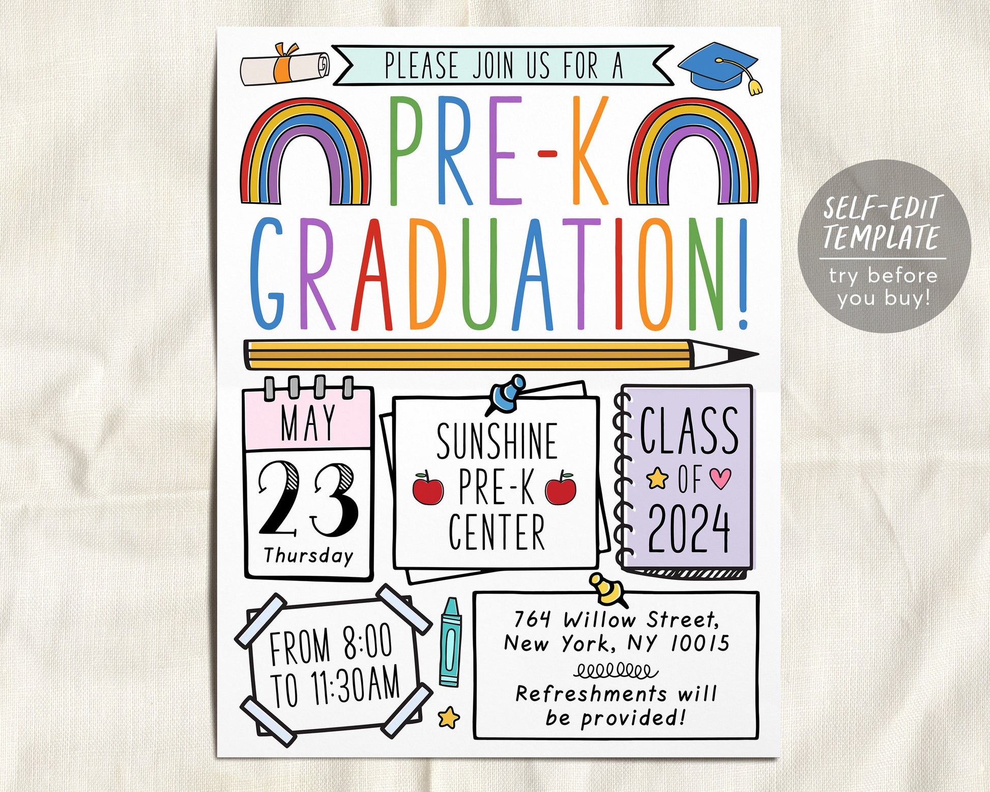 Pre-K Graduation Invitation Flyer Editable Template