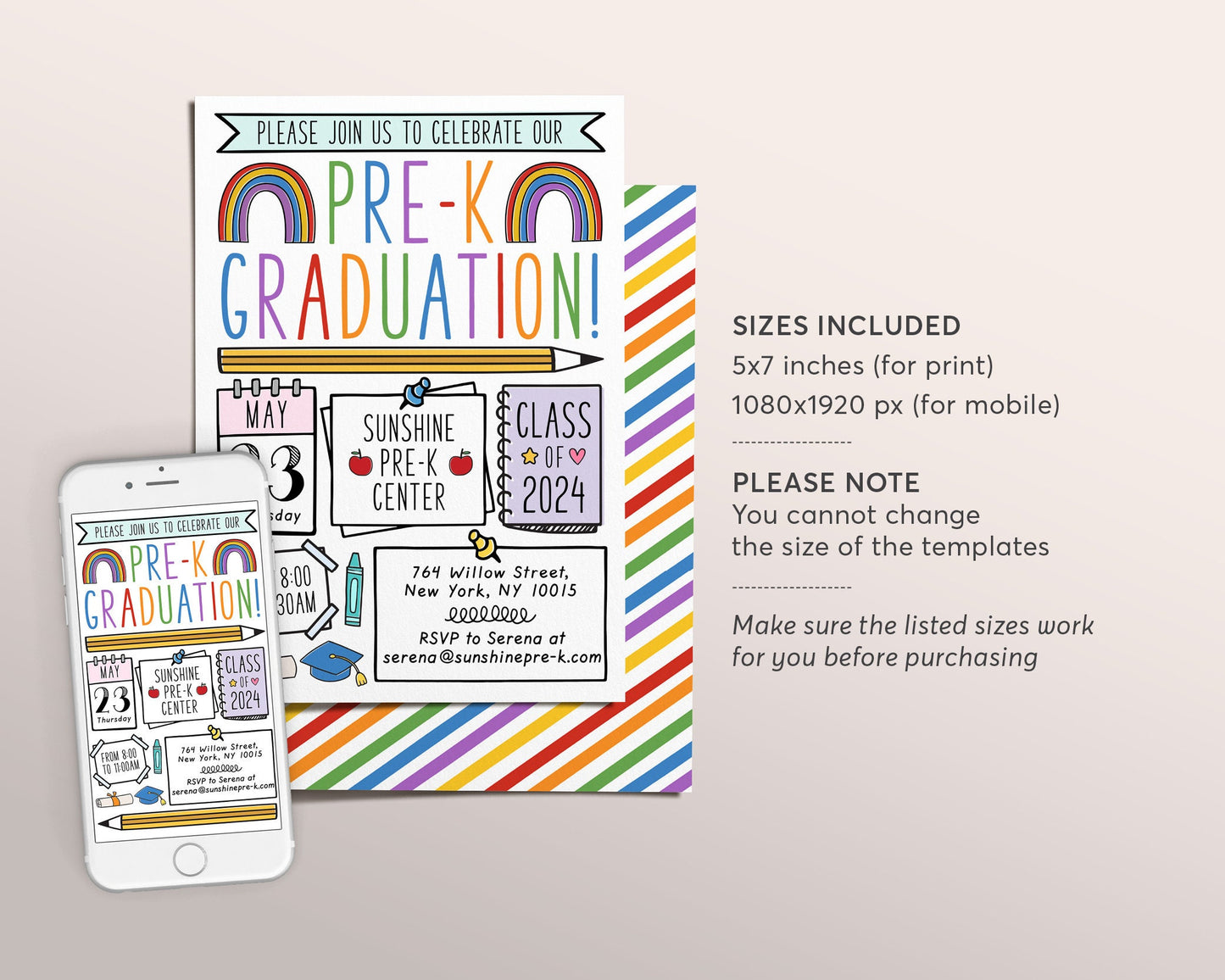 Pre-K Graduation Invitation Editable Template, Class Graduation Announcement, Watercolor Preschool Graduation Ceremony Invite Digital Evite