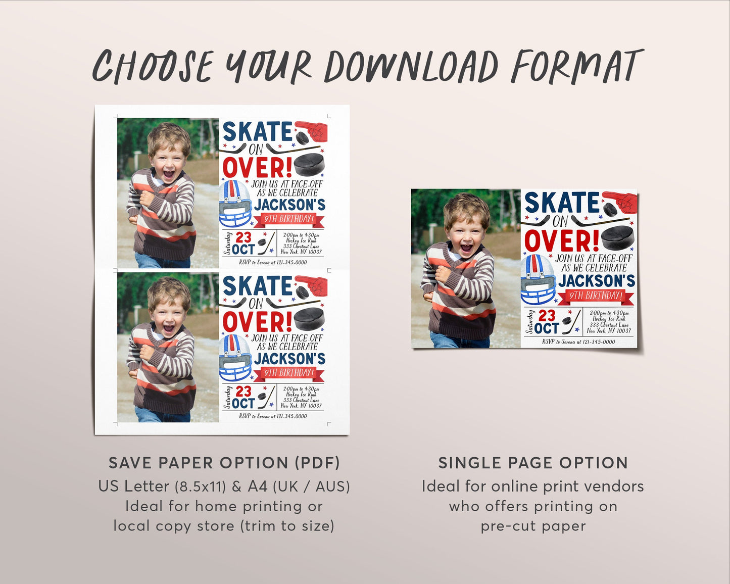 Ice Hockey Birthday Invitation With Photo Editable Template, Boy Ice Skating Hockey Invite, Kids Sports Theme Game Day All Stars Evite