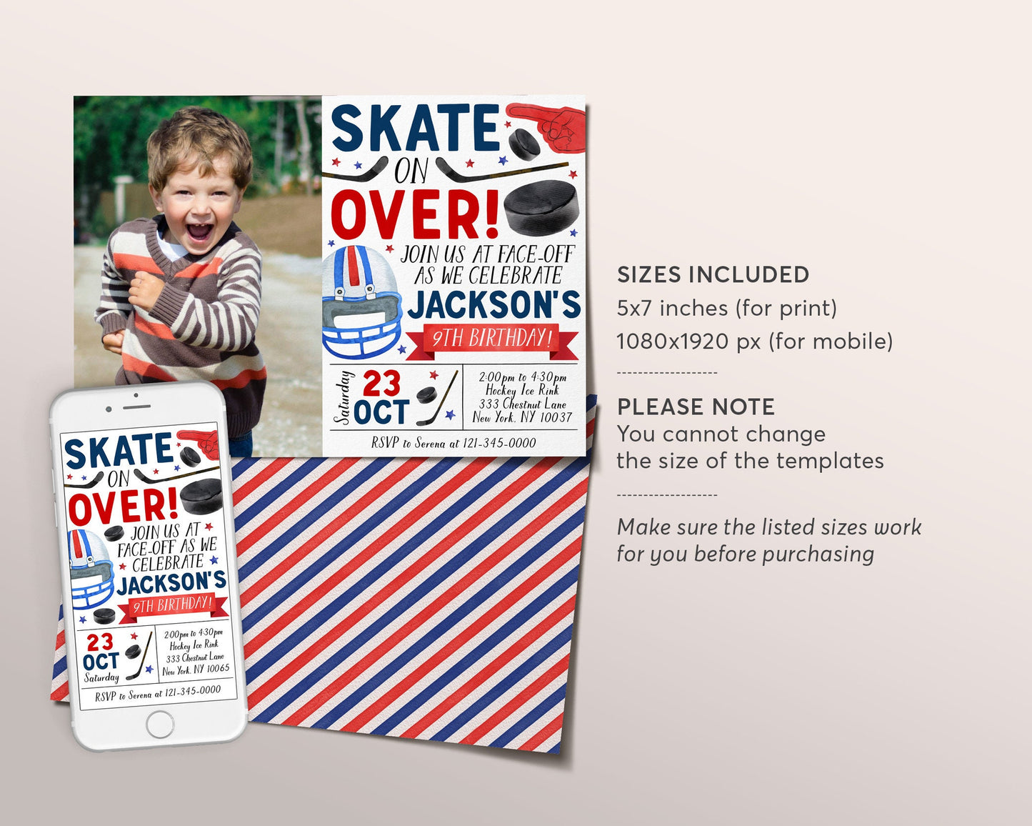 Ice Hockey Birthday Invitation With Photo Editable Template, Boy Ice Skating Hockey Invite, Kids Sports Theme Game Day All Stars Evite