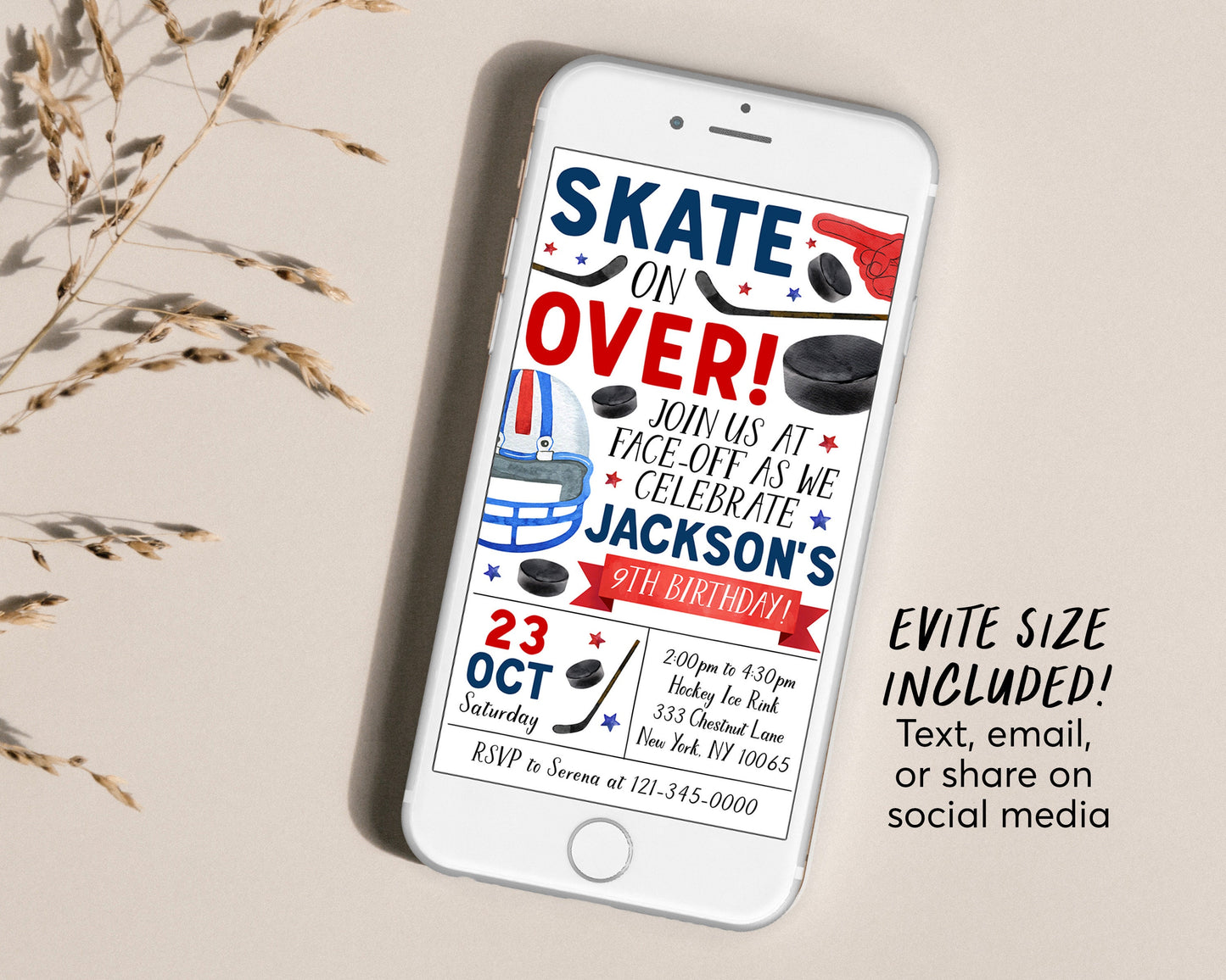 Ice Hockey Birthday Invitation With Photo Editable Template, Boy Ice Skating Hockey Invite, Kids Sports Theme Game Day All Stars Evite