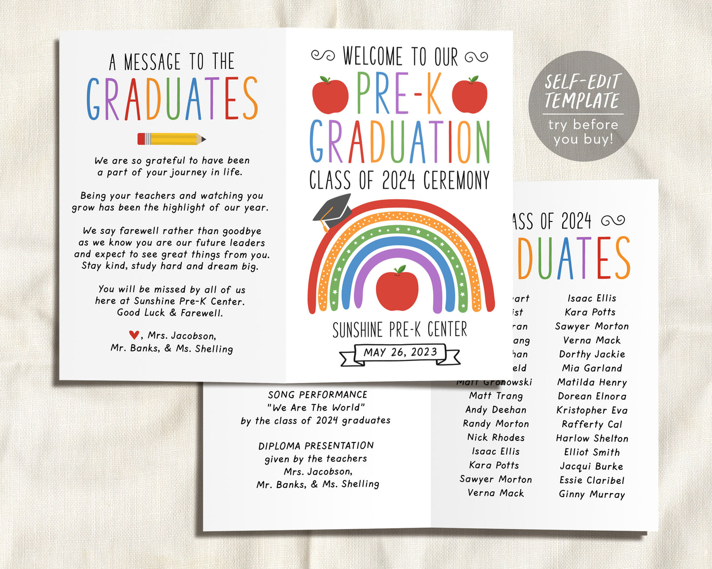 Pre-K Graduation Program Editable Template, Preschool Ceremony Program Child Care Learning Center, Pamphlet Booklet Daycare Commencement