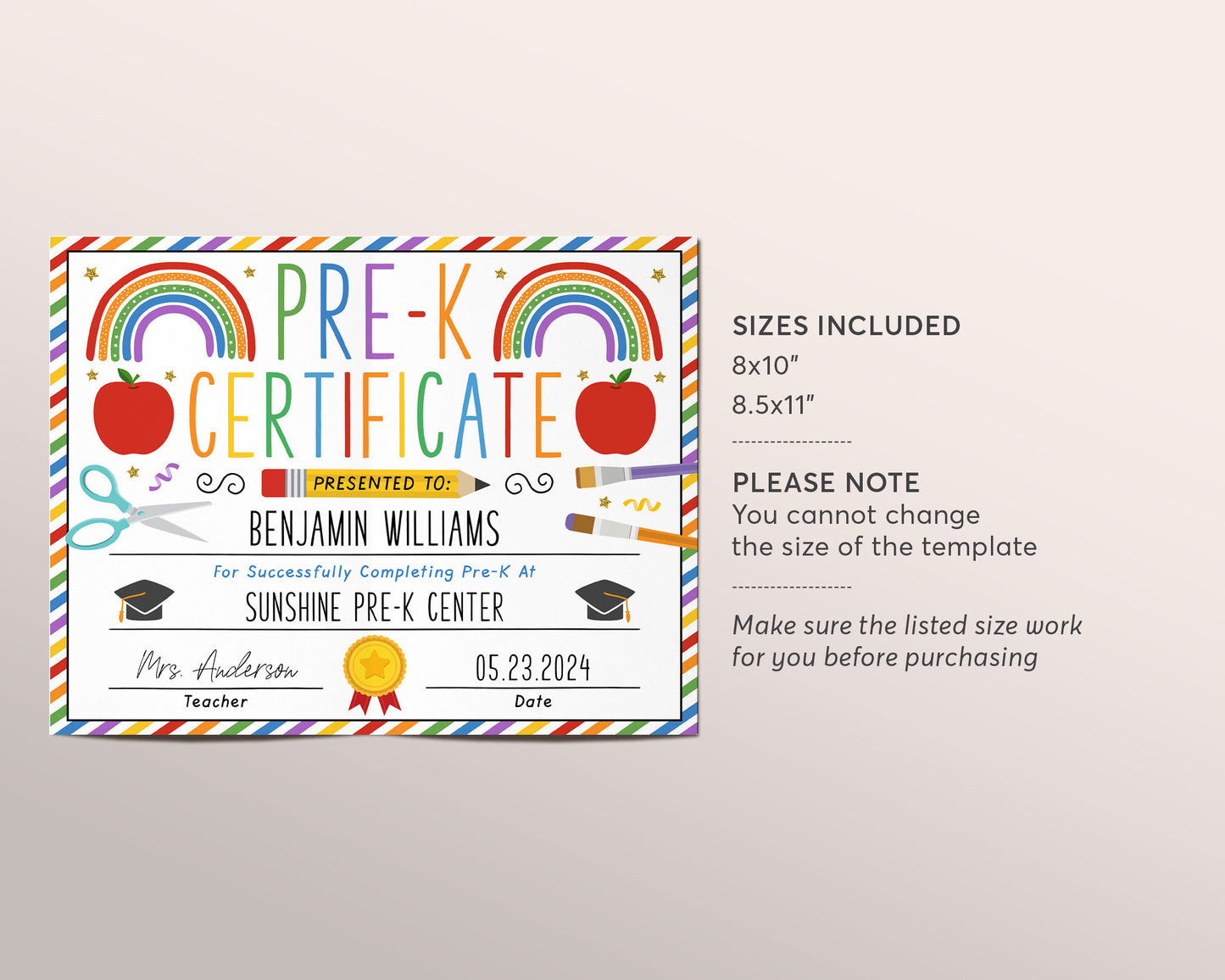 Pre-K Graduation Diploma Editable Template, Preschool Kindergarten Certificate of Completion, Last Day of PreK Sign Printable