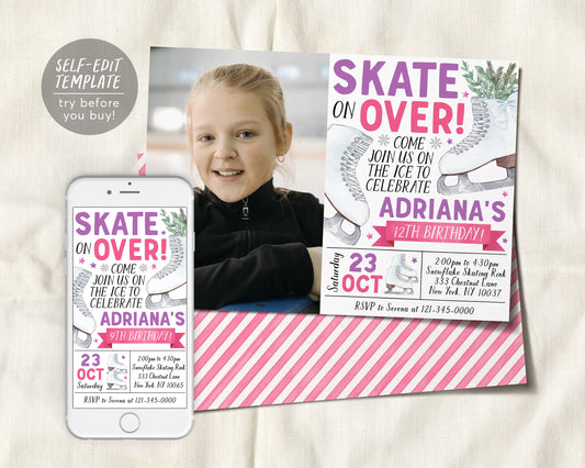 Ice Skating Birthday Invitation With Photo Editable Template