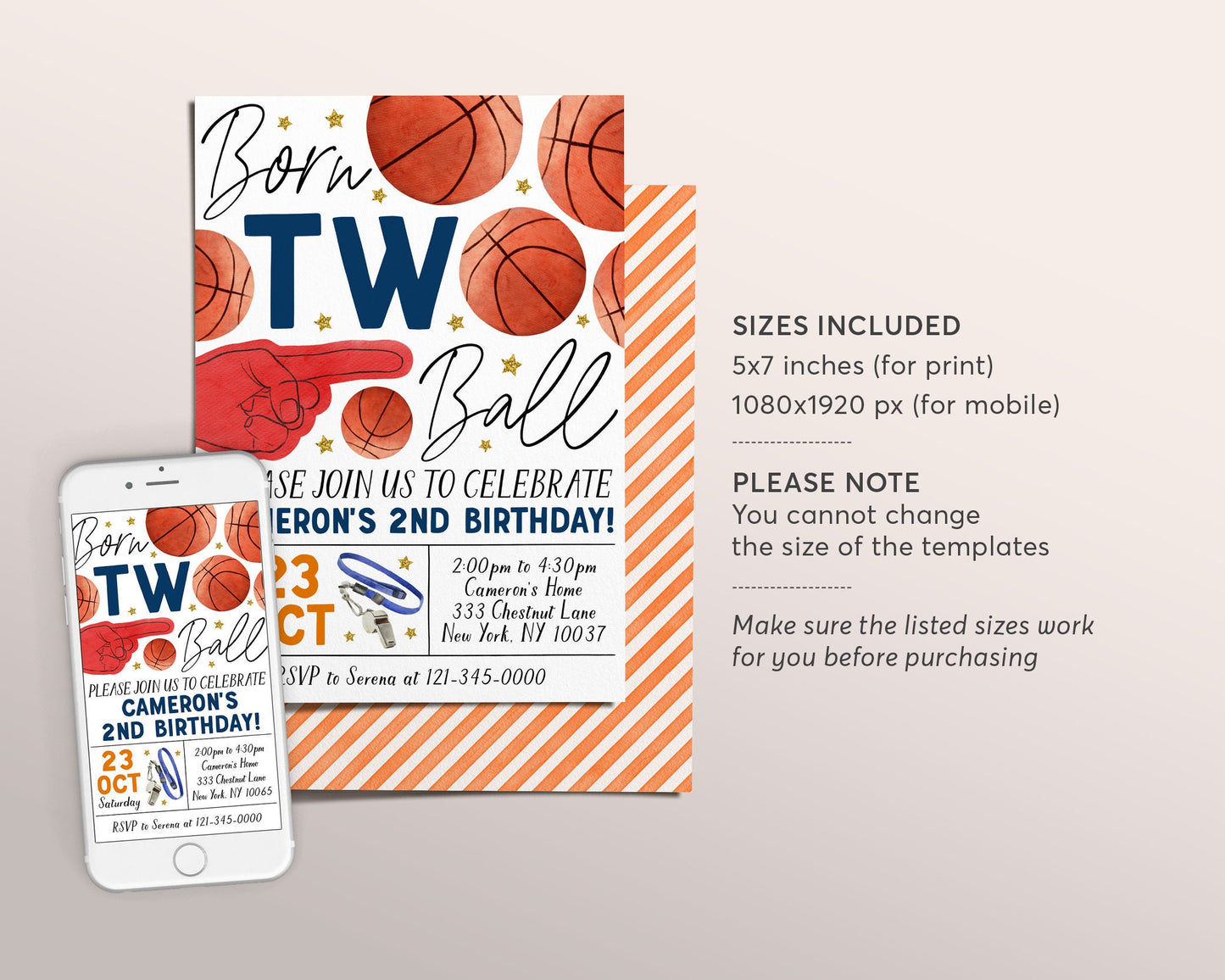 Born Two Ball Basketball Birthday Invitation Editable Template, Boy Born 2 Ball 2nd Birthday Party Invite, Kids Sports Theme Evite Printable
