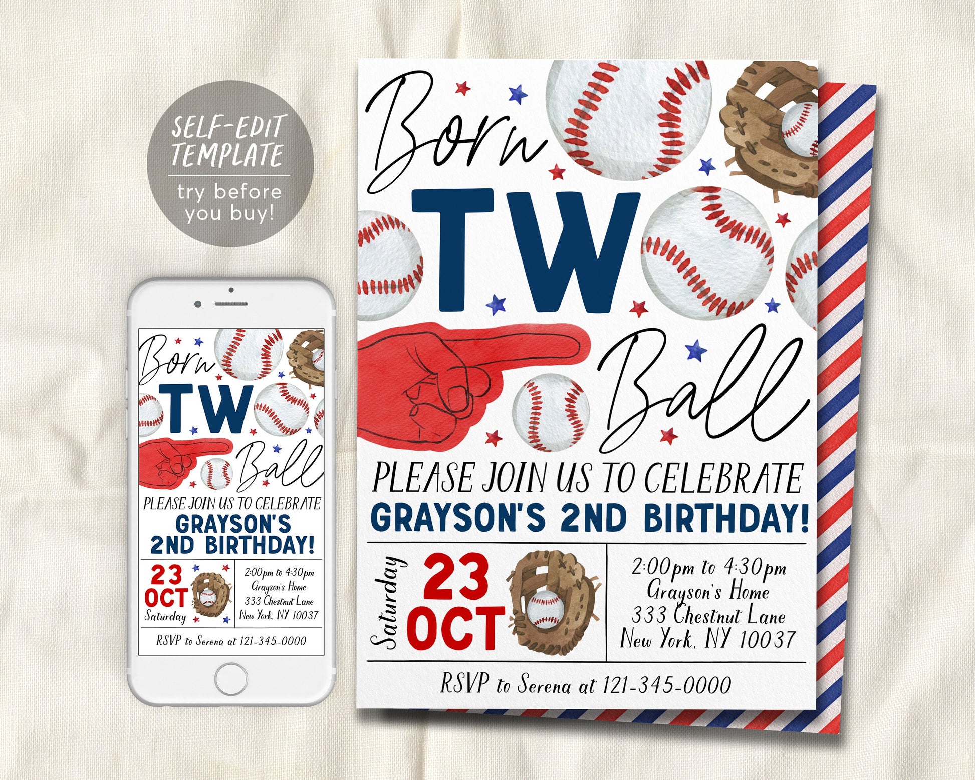 Baseball 2nd Birthday Invitation Editable Template