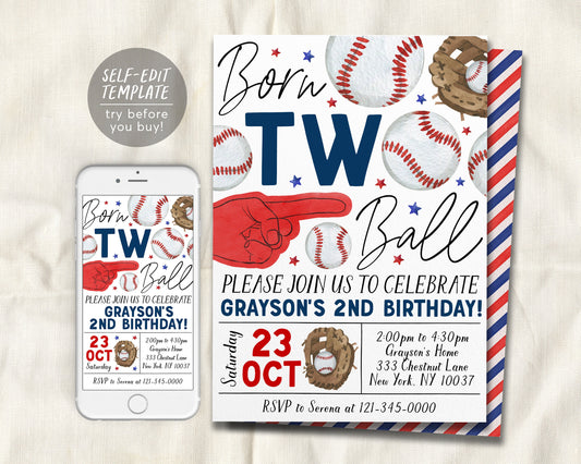 Baseball 2nd Birthday Invitation Editable Template