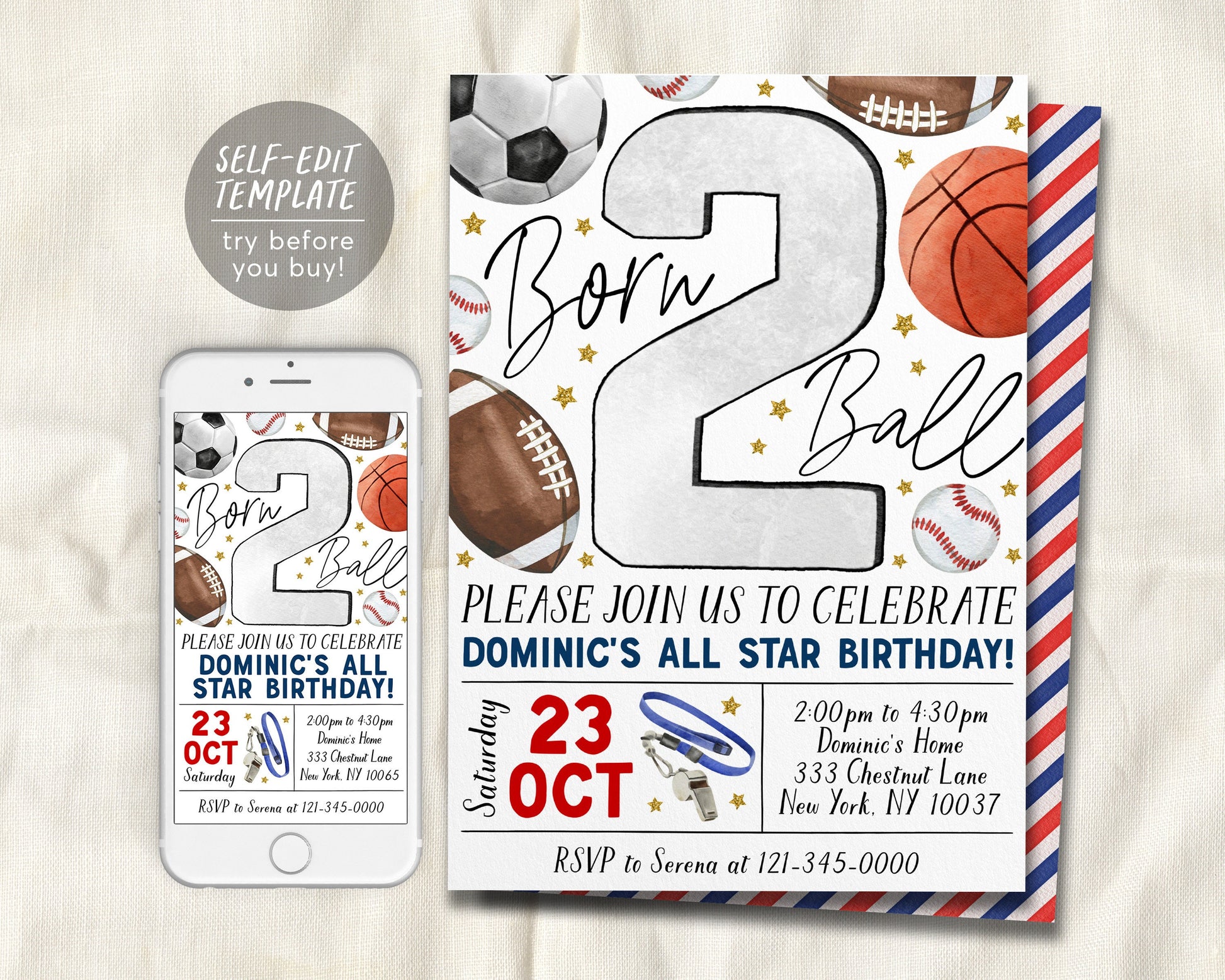 Born 2 Ball Second Birthday Invitation Editable Template