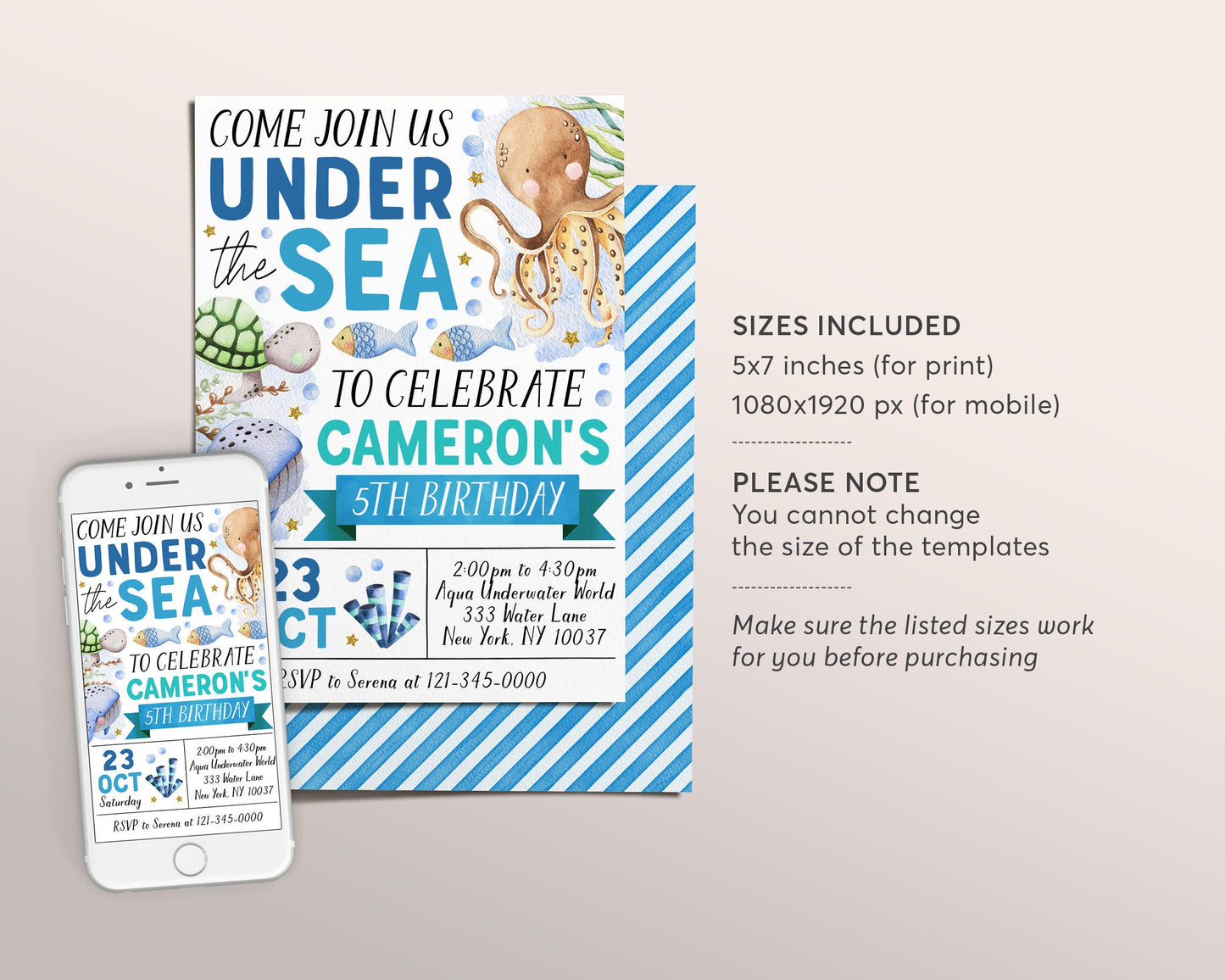 Under The Sea Birthday Invitation Editable Template, Boy Unisex Ocean Animals Underwater Party Invite, Aquarium Trip Magical Sea Life Evite