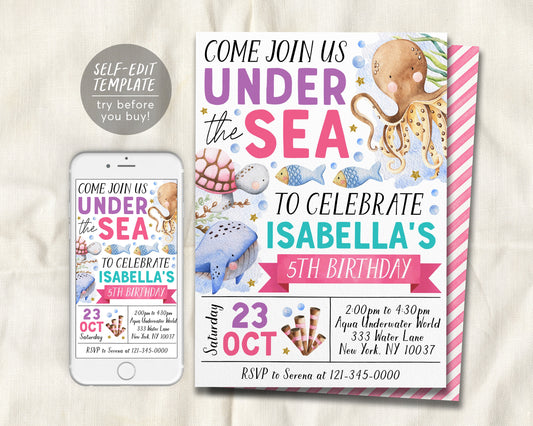 Under The Sea Birthday Invitation Editable Template