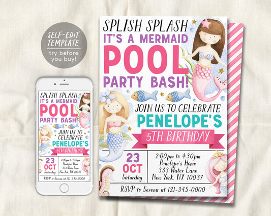 Mermaid Pool Party Birthday Invitation Editable Template